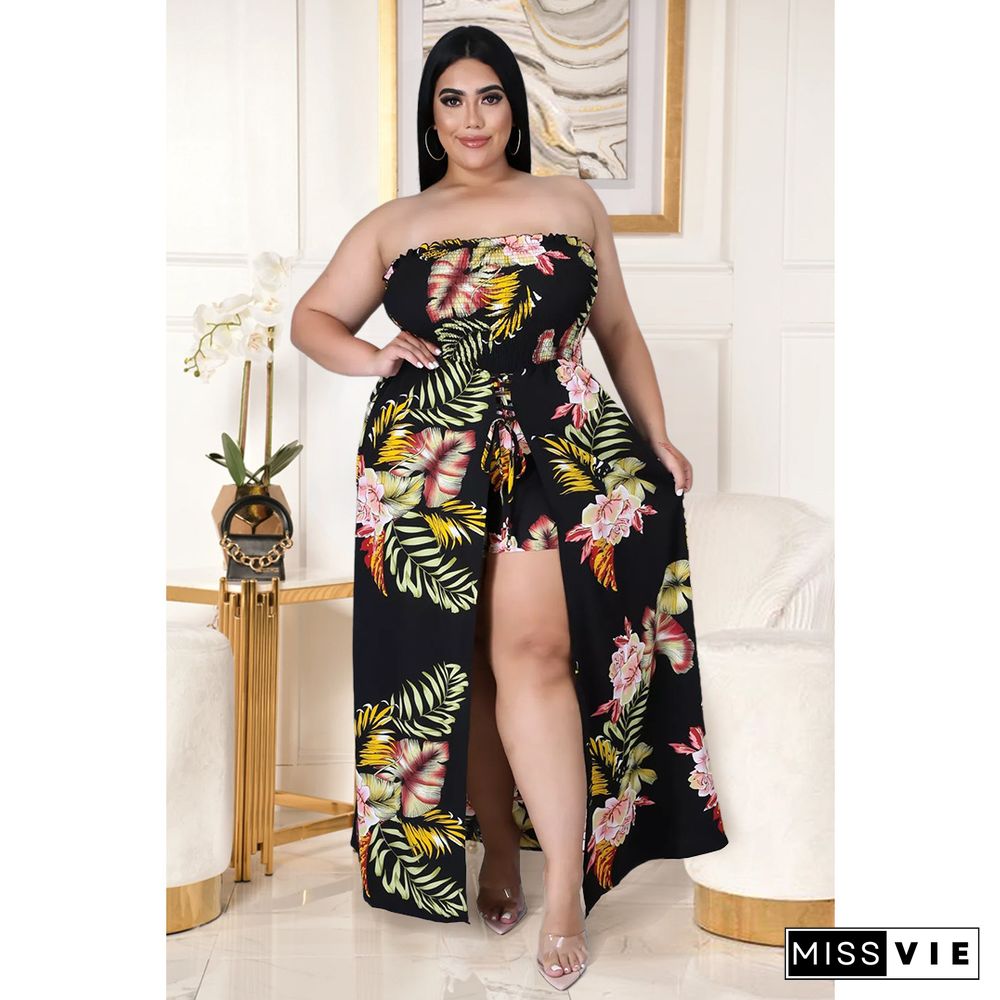 Summer Plus Size Women Clothing Floral Print Elastic Waist Beach Casual One Piece Split Jumpsuit