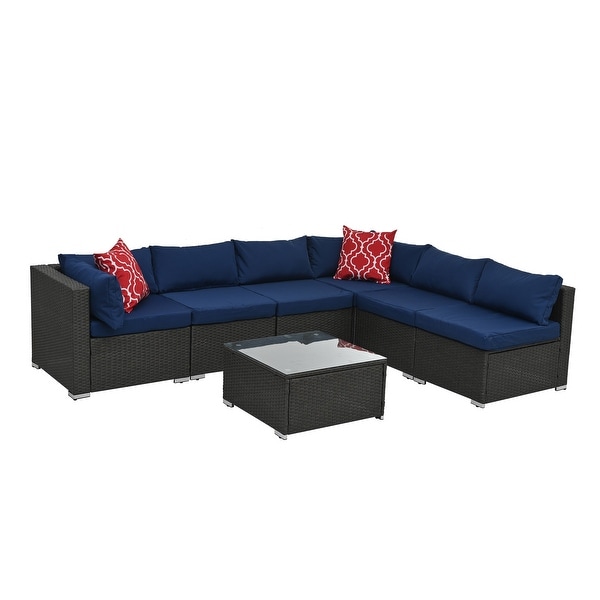 7Pcs Outdoor Sectional Furniture Set，AllWeather PE Rattan Sectional Sofa Conversation Set w/ Coffee Table and Washable Cushions