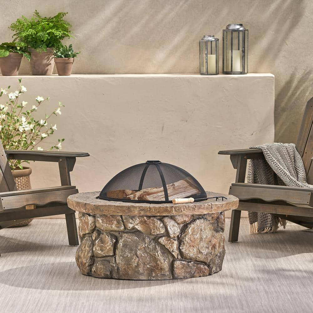 Noble House Samson 34 in. x 21 in. Round Cement Wood Burning Fire Pit in Natural 11833