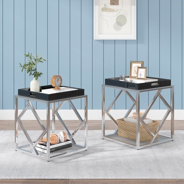 VANOMi 18'' Tray Top End Table Side Table With Stainless Steel Frame and Tempered Glass Panel - 18''x18''x19''