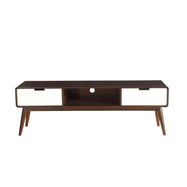 59'' Mid-Century Modern EspressoandWhite Contrast Look Christa TV Stand with 2 Drw， Open Media Storage and Wooden Tapered Leg