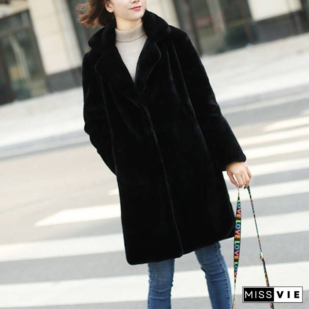 Women Mink Faux Fur Coat Solid Female Turn Down Collar Winter Warm Fur Lady Overcoat Casual Jacket