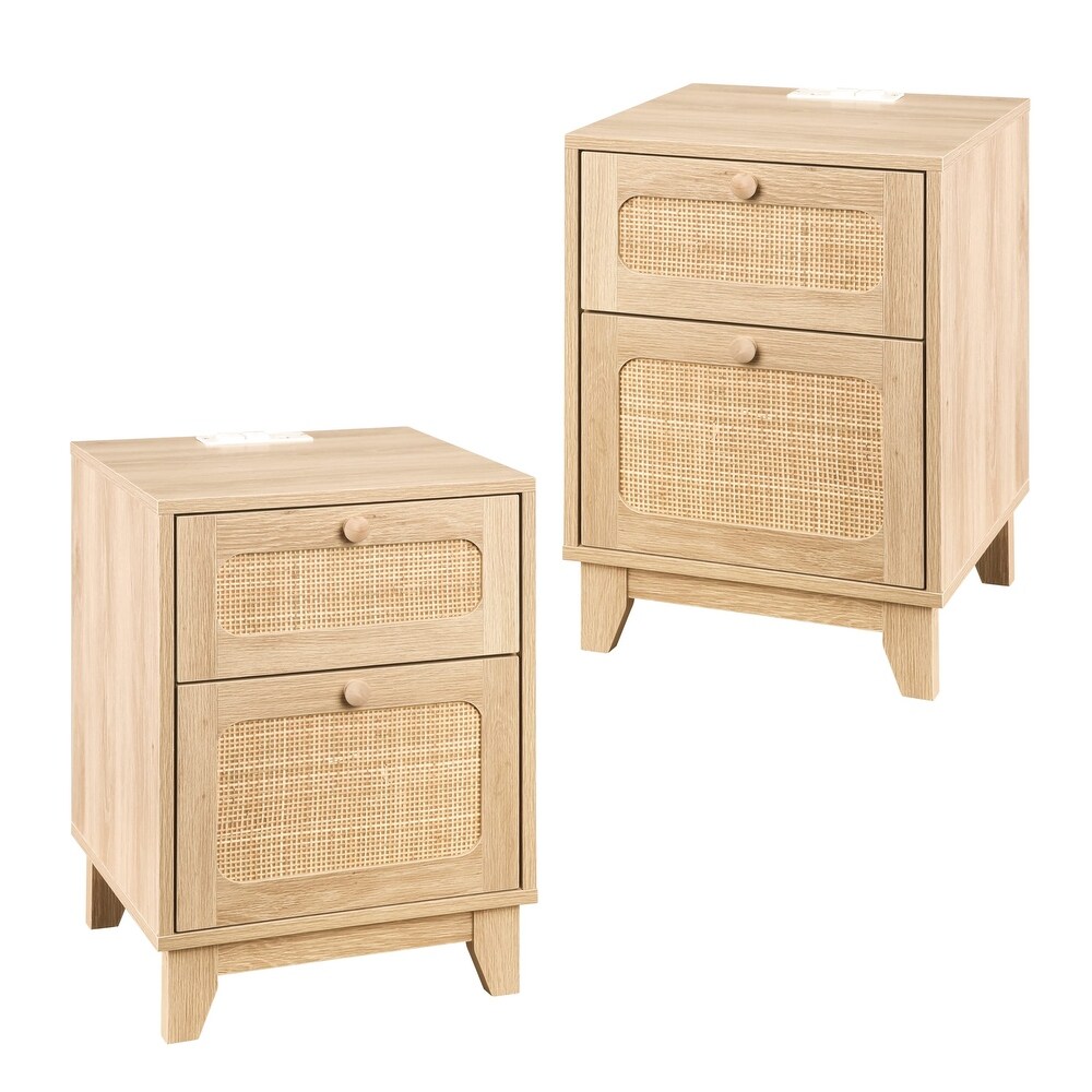 Rattan Nightstand with Charging Station  Boho Side Table with Handmade Rattan Decorated Drawer and Door