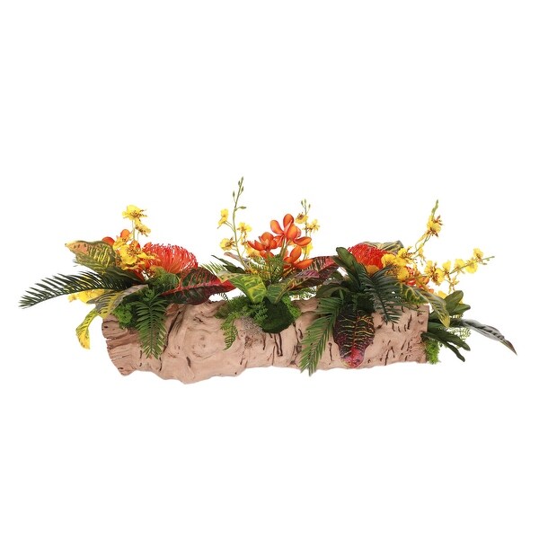 Tropical Flower Arrangement in Grapevine Log