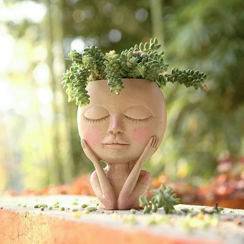 Closed or Open Eyes Girl Face Planter   Resin   4.72\