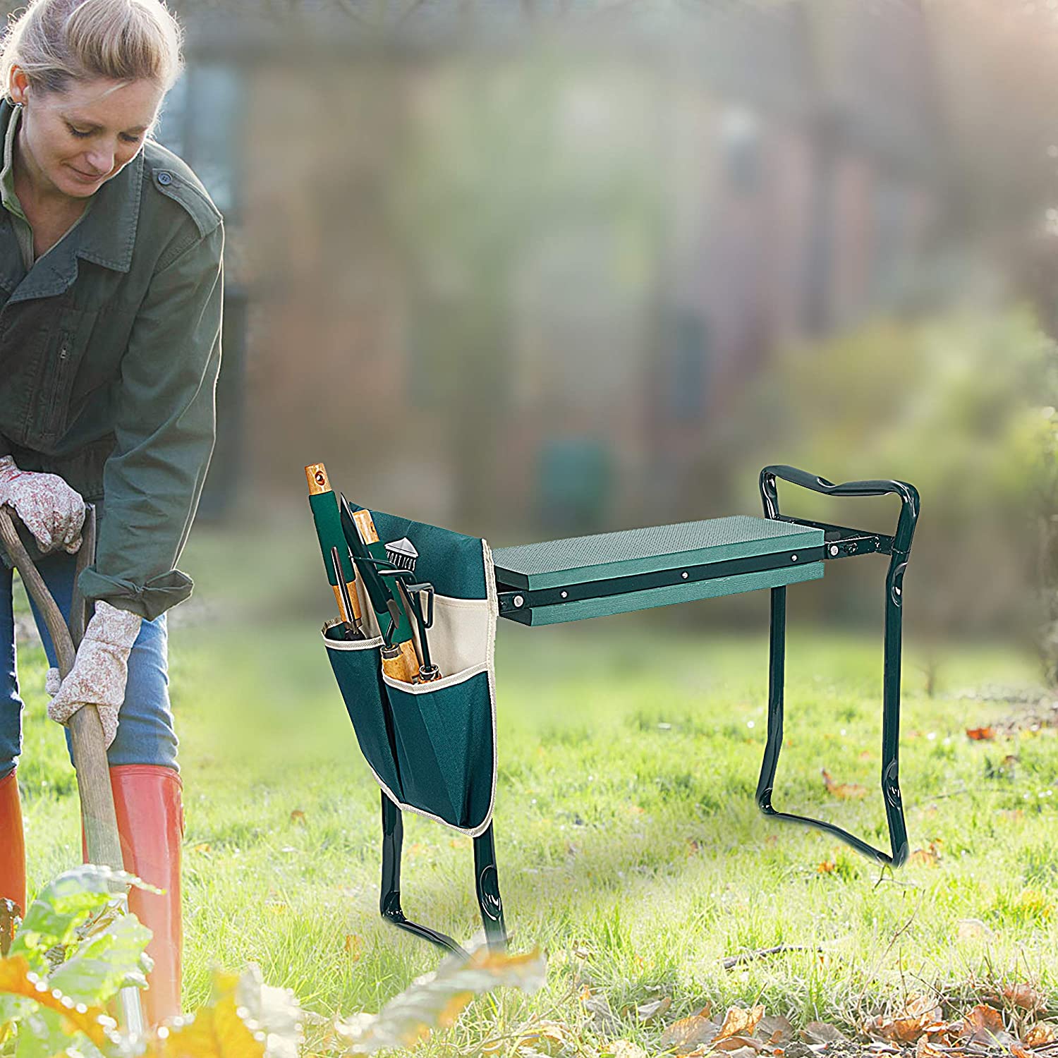 Karmas Product Folding Garden Kneeler Seat Portable Bench Stool with Soft Kneeling Foam Pad Cushion and Tool Pouch for Gardening