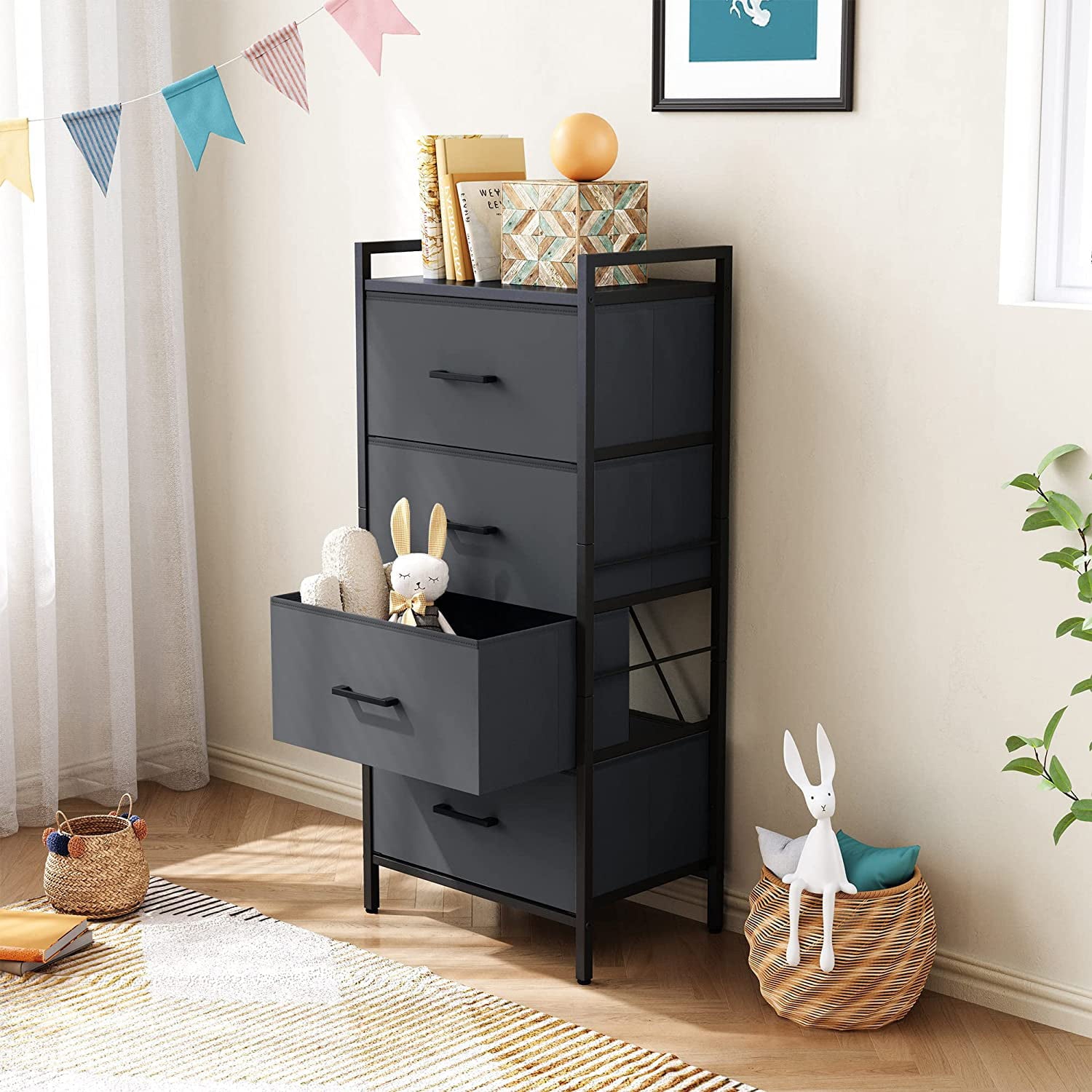 LINSY HOME 4 Fabric Drawers Dresser, Lightweight Storage Cabinet with Handles,Black