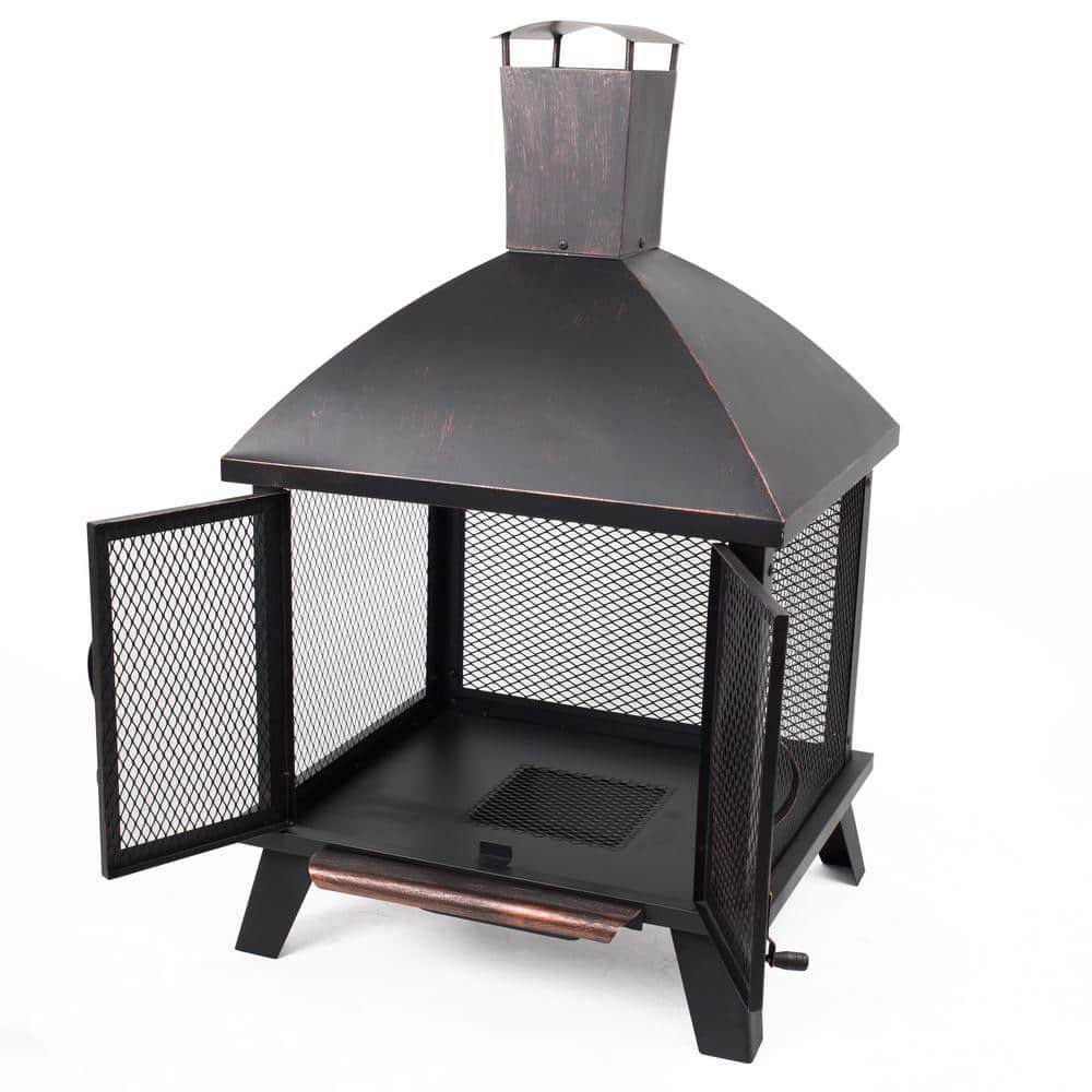 Pleasant Hearth Stratford 22 in x 43 in Rectangle Steel Wood Firehouse in Rubbed Bronze with Wood Grate