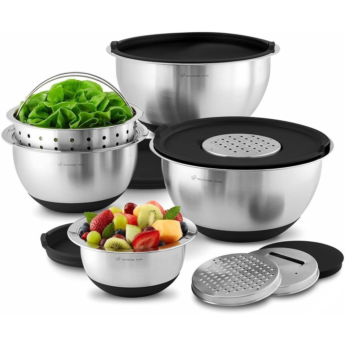 Wolfgang Puck 12-Piece Stainless Steel Mixing Bowl Set， Silicone Grip Bottom， Multifunction Lid with 3 Interchangeable Blades