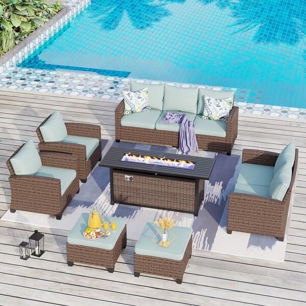 9Seat Patio Furniture Wicker Rattan Outdoor Highback Sectional Sofa Conversation Set with Firepit Table