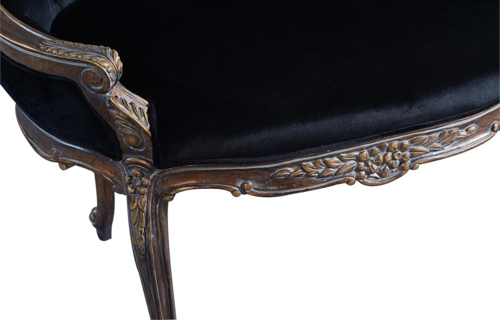 Settee Caroline Hand Carved Wood Antiqued Gold Black Velvet Button   Victorian   Armchairs And Accent Chairs   by EuroLuxHome  Houzz