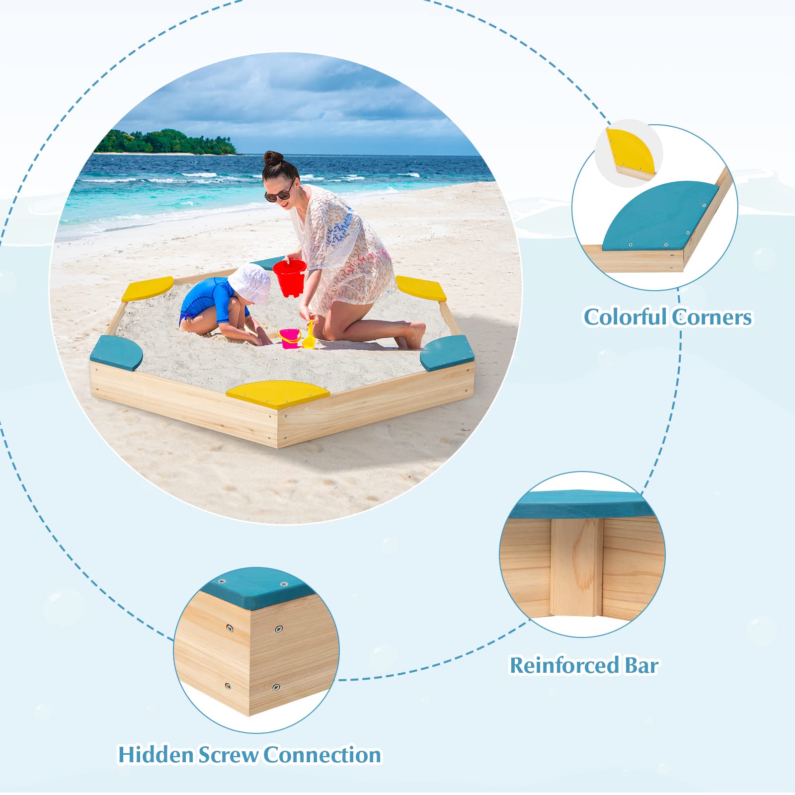 Costzon Kids Sandbox, Hexagon Large Cedar Wood Sand Box with 6 Built-in Corner Seating