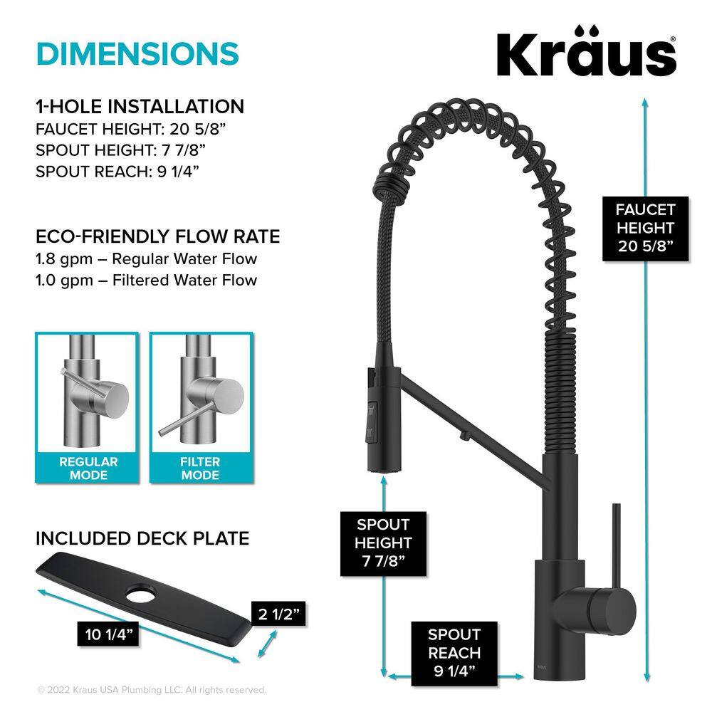 KRAUS Oletto 2-in-1 Commercial Style Pull-Down Single Handle Water Filter Kitchen Faucet in Matte Black KFF-2631MB