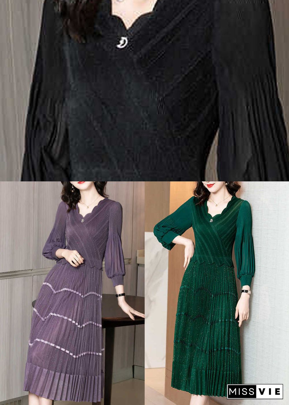 Chic Purple V Neck Patchwork Silk Pleated Dress Long Sleeve