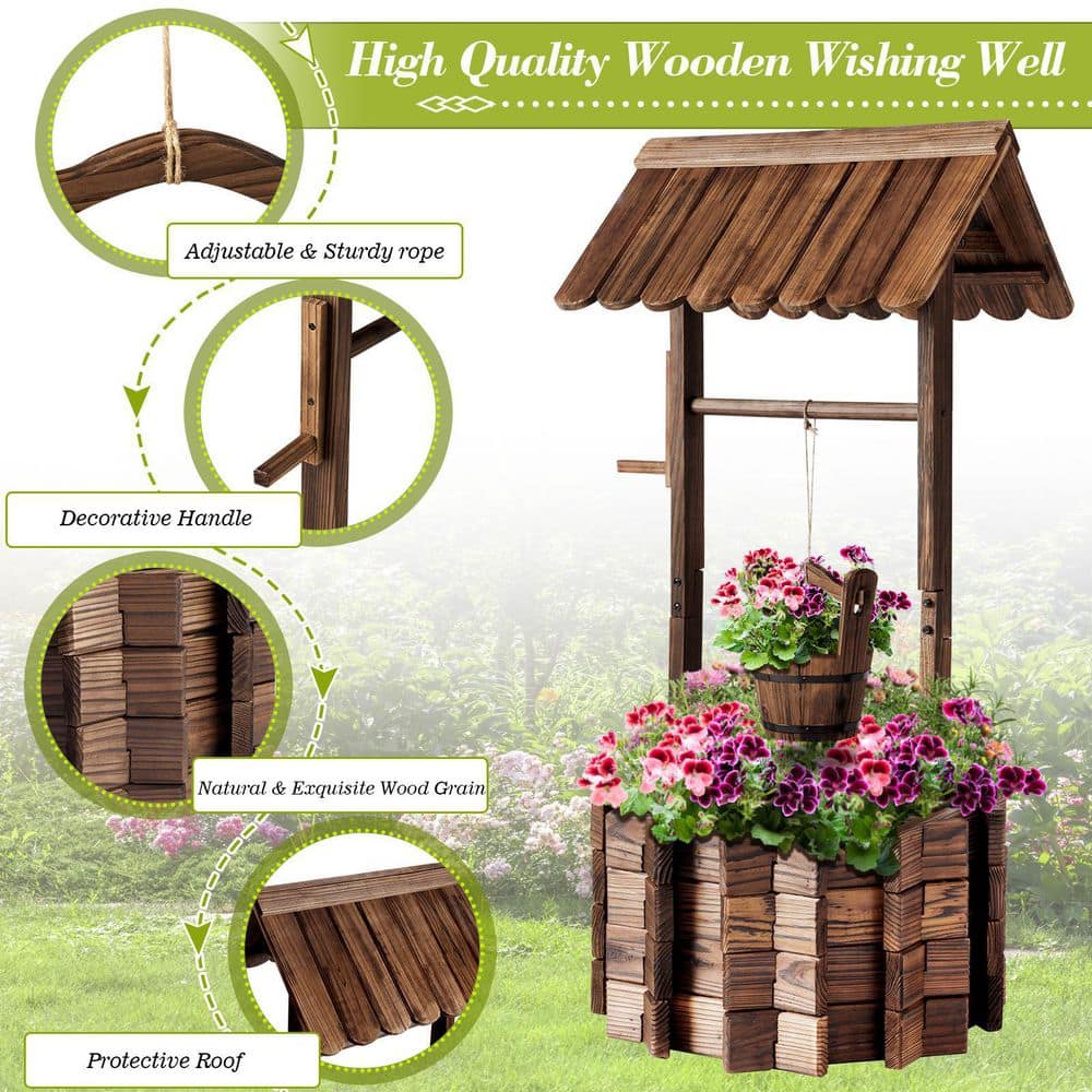 Sizzim 22 in. L x 22 in. W Brown Planter Box Outdoor Wooden Wishing Well Planter G28001