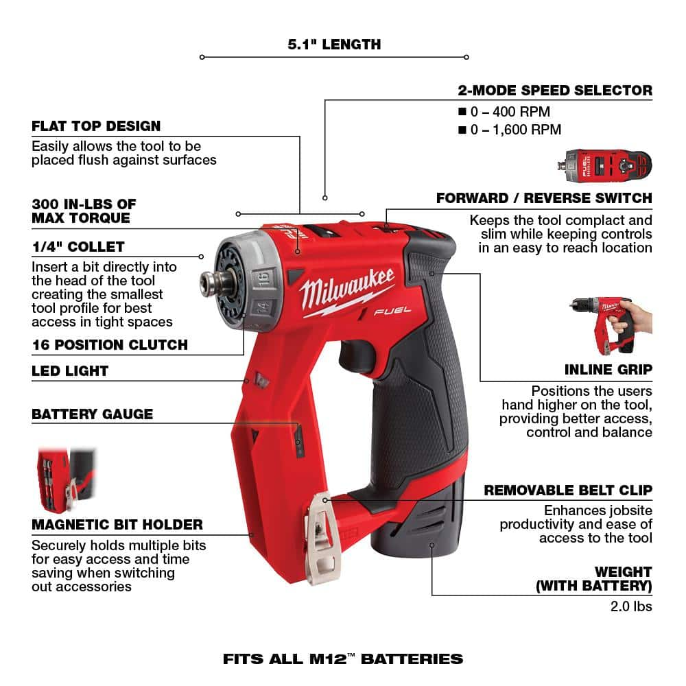 Milwaukee M12 FUEL 12-Volt Lithium-Ion Brushless Cordless 4-in-1 Installation 3/8 in. Drill Driver Kit With 4-Tool Heads