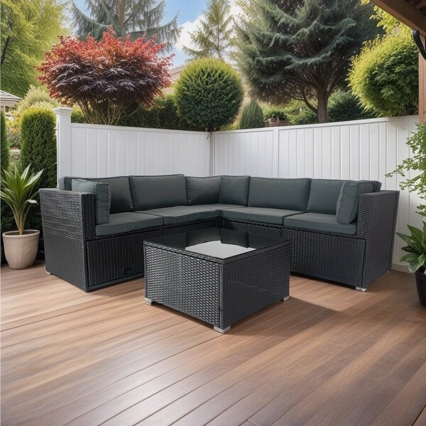 6piece Outdoor Sectional Upholstered Sofa Furniture Set Lshaped Rattan Couch Patio Conversation Set with 3 Storage Under Seat