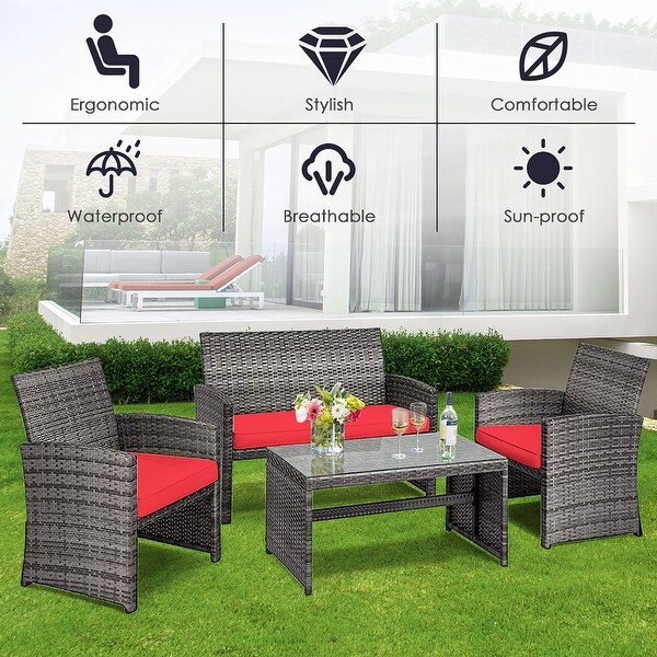 Costway 4PCS Patio Rattan Furniture Set Conversation Glass Table Top