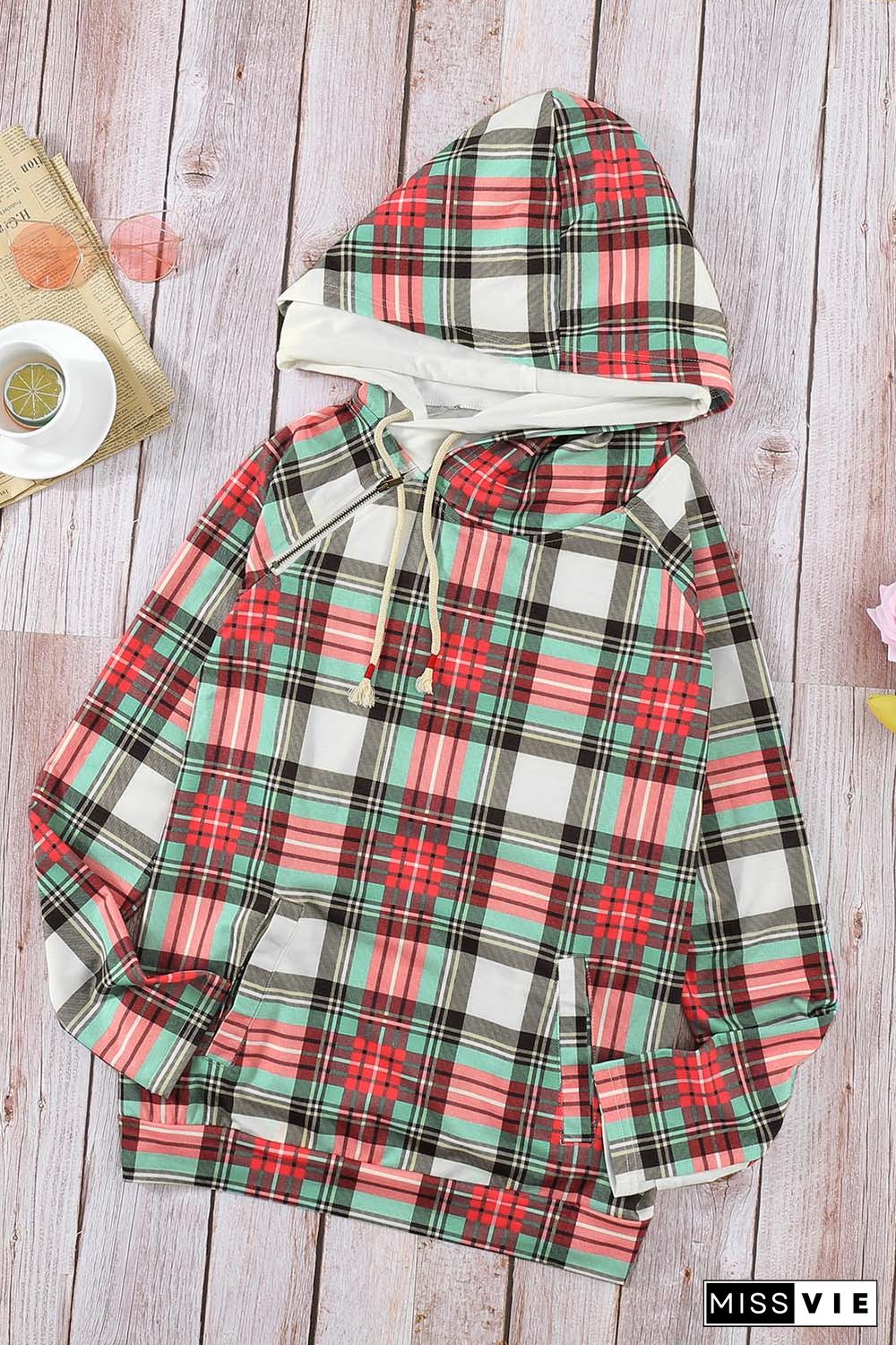 Multicolor Cowl Neck Plaid Drawstring Hoodie with Thumb Hole