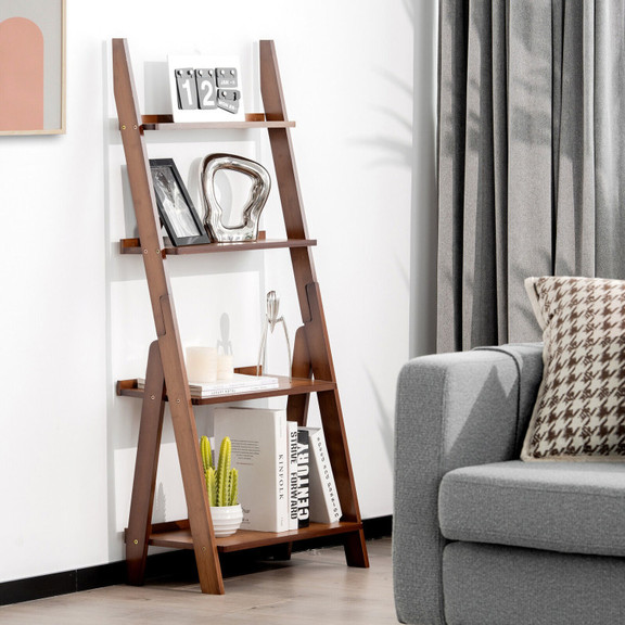 Costway 39246085 4 Tier Bamboo Ladder Shelf Bookca...