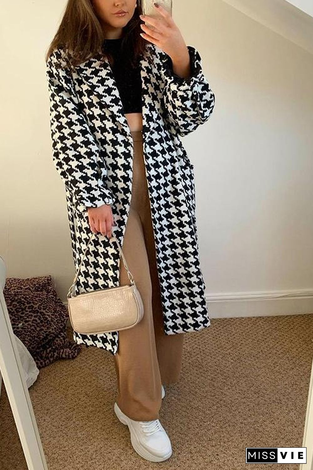 Houndstooth Lapel Woolen Coat