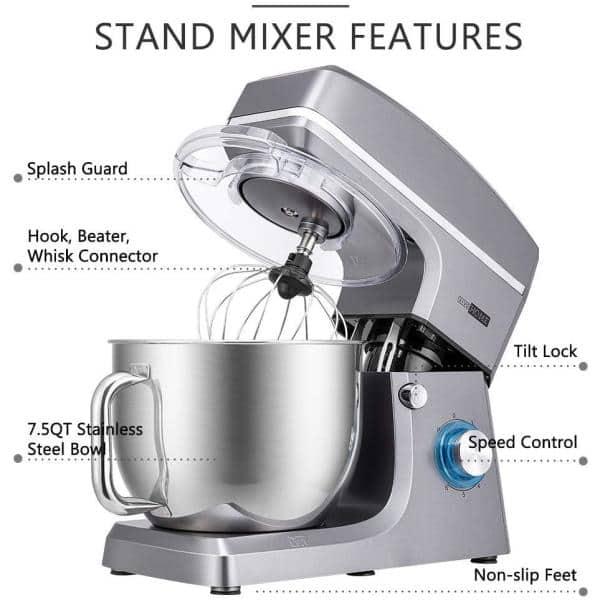 VIVOHOME 75 qt 6Speed Silver TiltHead Electric Stand Mixer with Accessories and ETL Listed