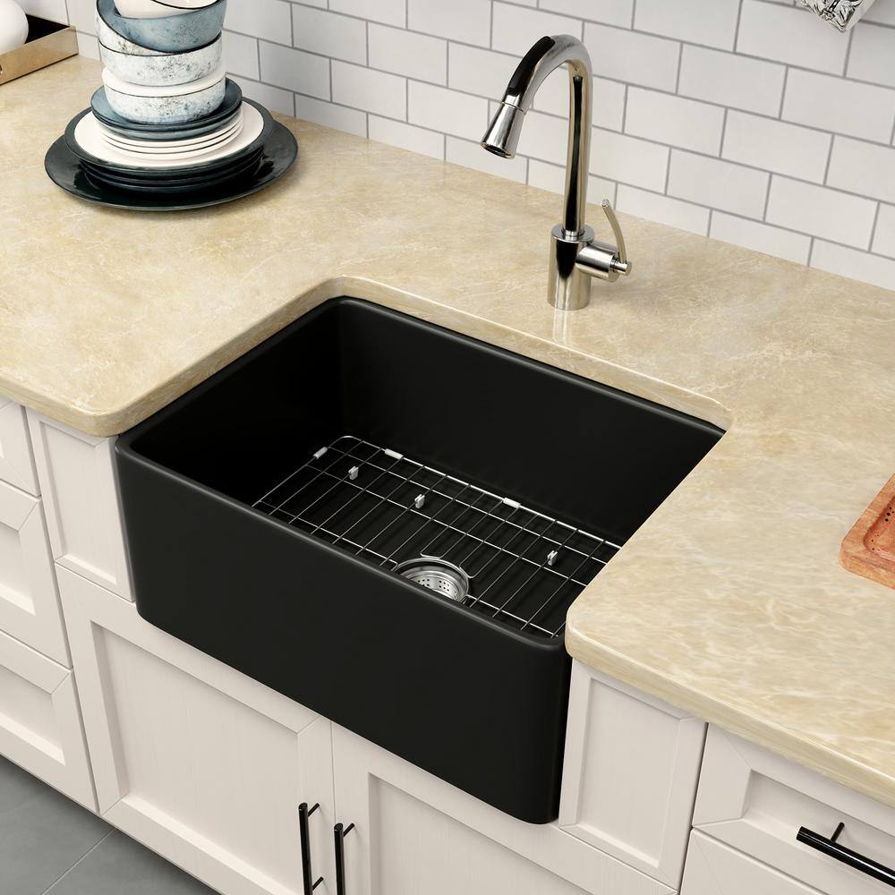 Black Fireclay 24 in. Single Bowl round Corner Farmhouse Apron Kitchen Sink with Bottom Grid and Basket Strainer HKD-241810-B