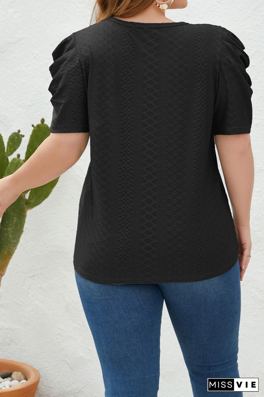 Eyelet Smocked Sleeves Plus Size Top