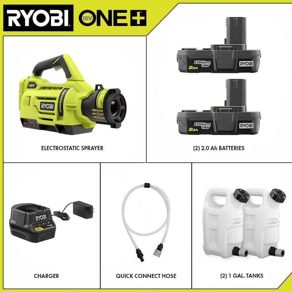 RYOBI ONE+ 18V Cordless Electrostatic 1 Gal. Sprayer w Extra 1 Gal. Replacement Tank (2) 2.0 Ah Batteries and (1) Charger P2870-1G