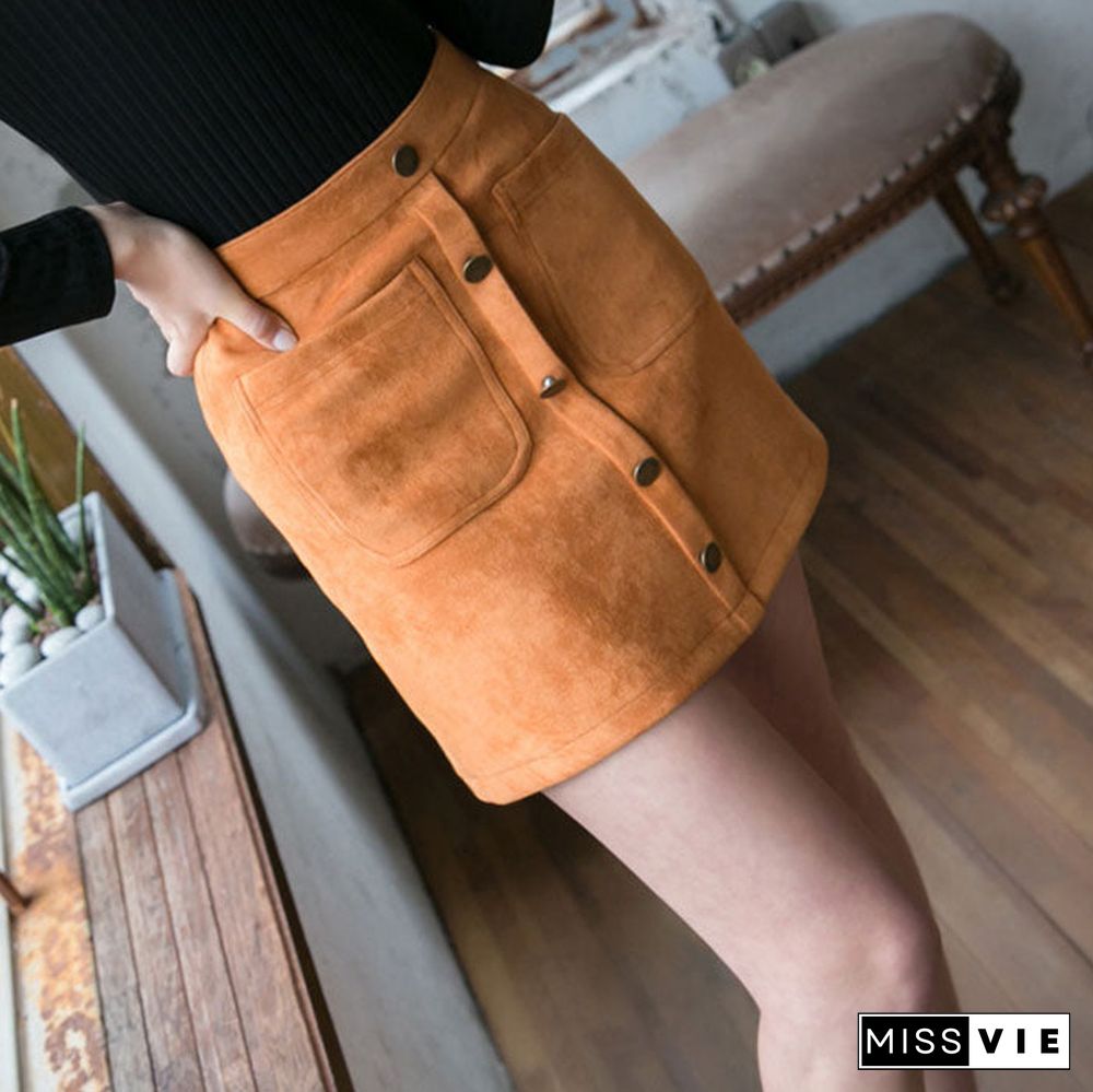 Front Button Up High Waisted Mini Suede Skirt