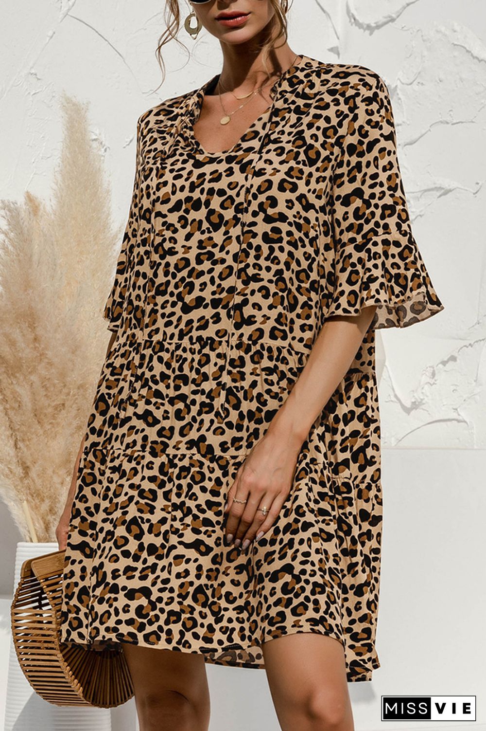 Leopard Print V-neck Stitching Dress Wholesale