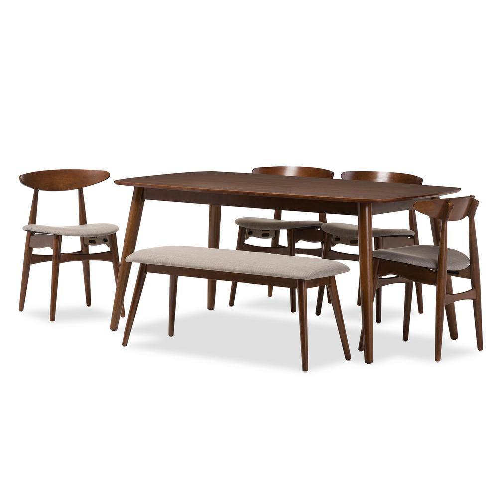 Baxton Studio Flora 6-Piece Gray Fabric and Medium Brown Wood Dining Set 6938-6940-HD