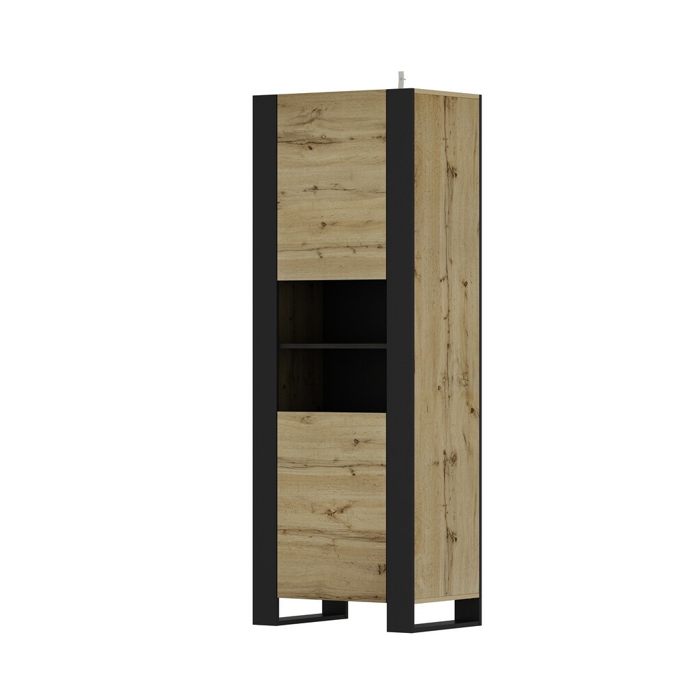 Tall Curio Storage Pantry with 5 Shelves   2 Doors (Wood + Black)   67.3\