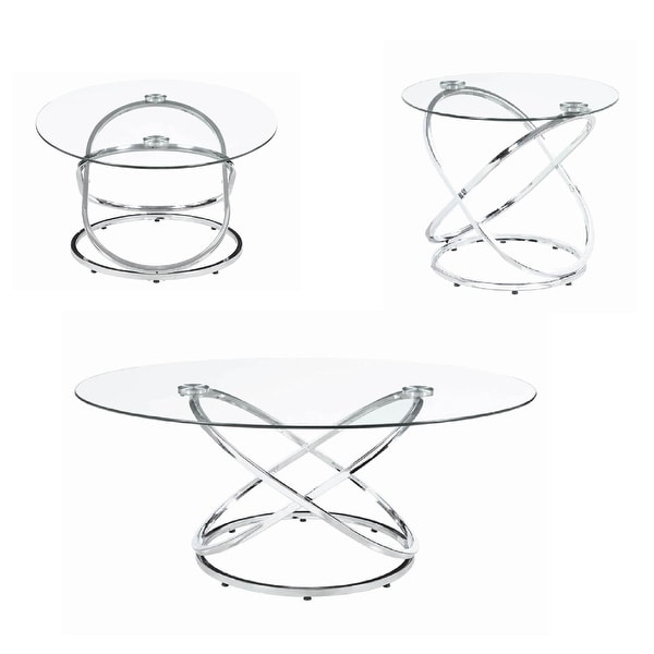 Modern 3 Piece Coffee Table Set with 2 End Tables， Glass Tabletop， Chrome