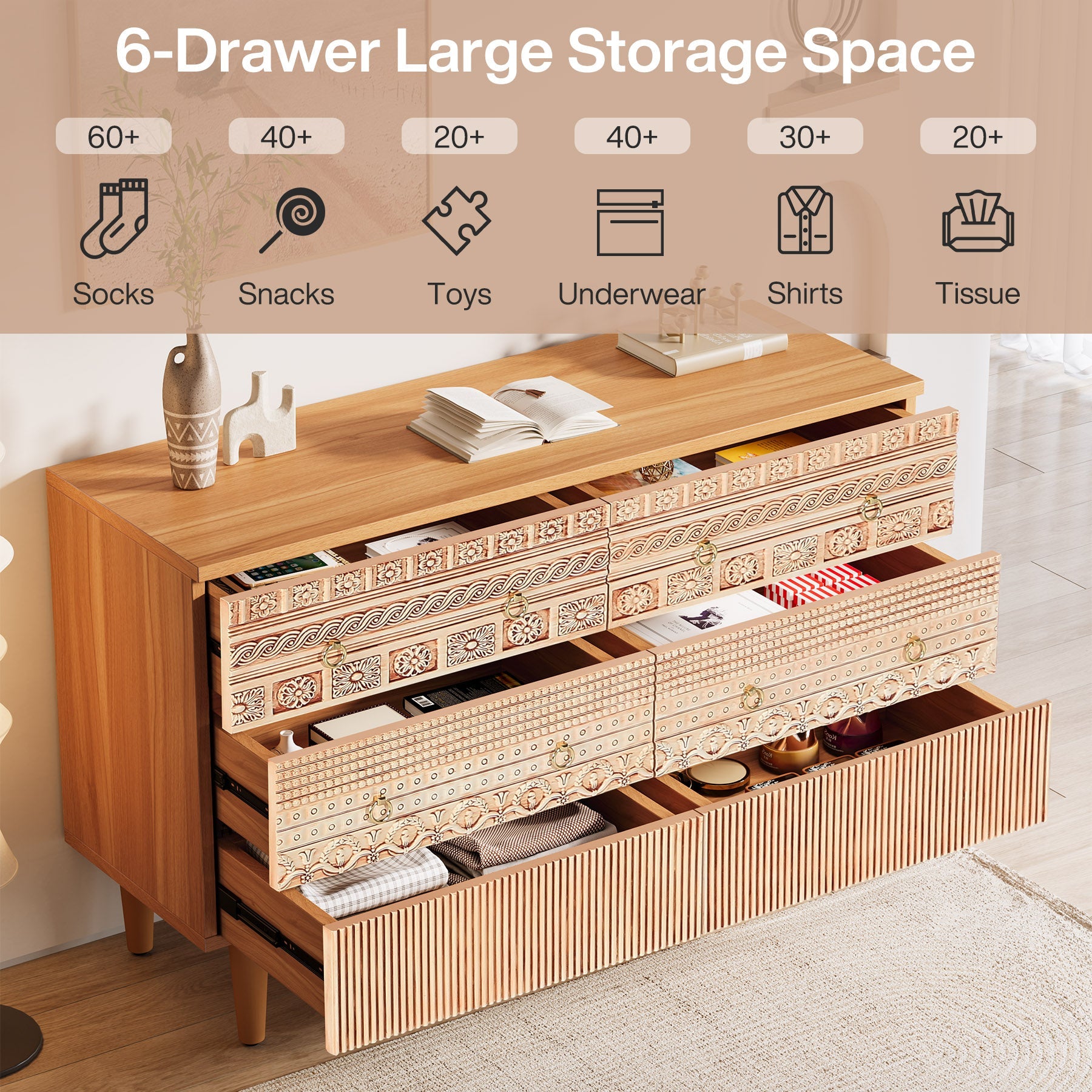 Chest of Drawers,  Farmhouse Dresser Storage with 6 drawers