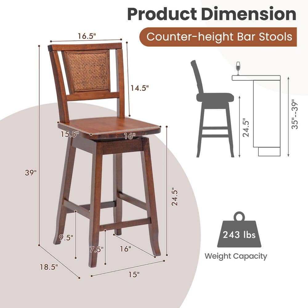 Costway 39 in. Brown Wood Low Back Swivel Bar Stool Rubber Wood Pub Chairs w/Rattan Back Set of 2 JV10645-24