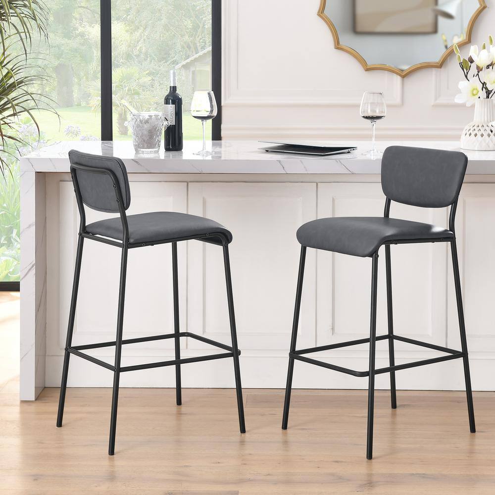 38.5 in. Gray Low Back Metal Frame Bar Stools, Dining Chair Pub Stools with Footrest and Faux Leather Seat (Set of 2) HY02015Y