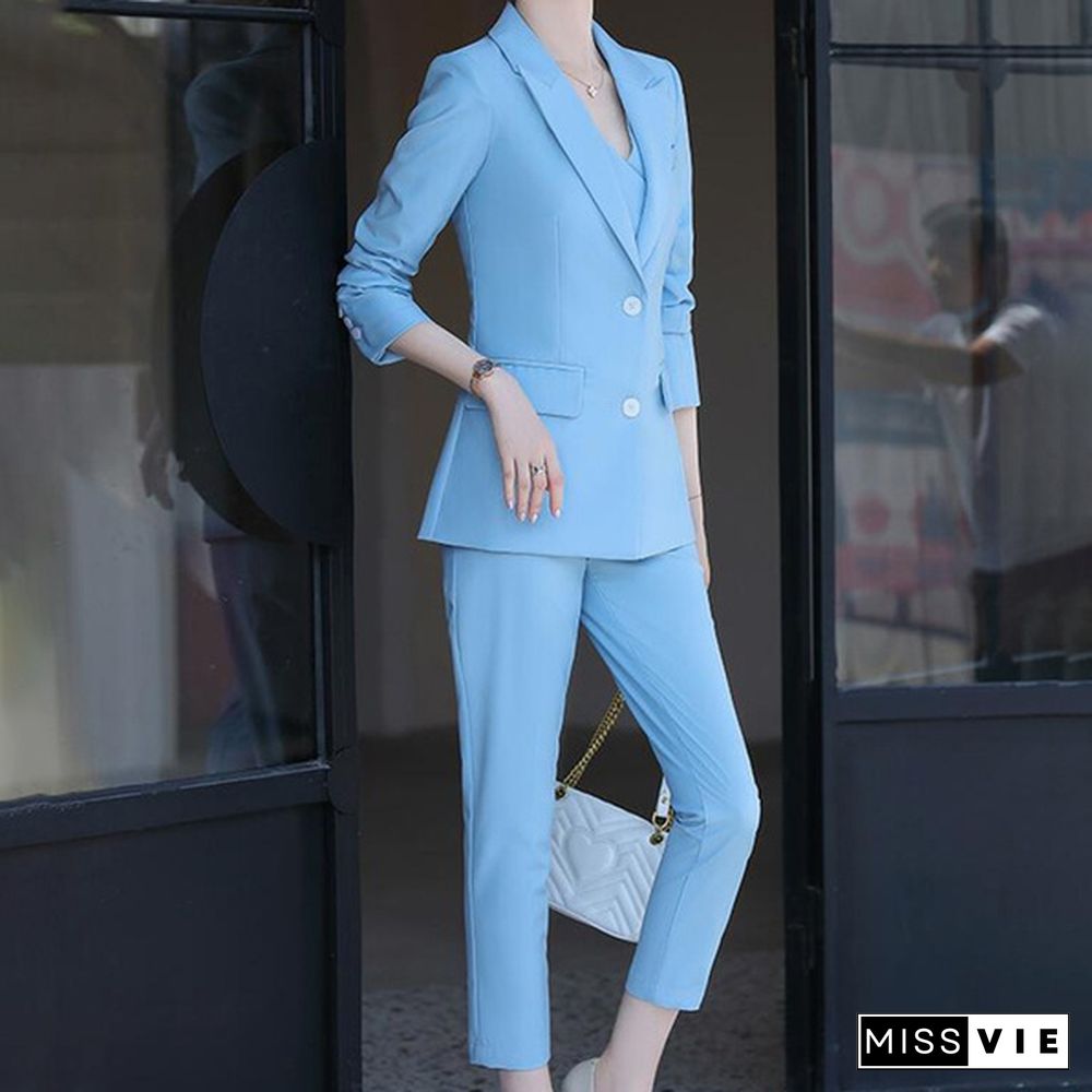 3 Piece Set Women Suits Elegant Ol Slim Blazer Suit+Double Breasted Vest+High Waist Skinny Ankle Length Pants Outfit Sets