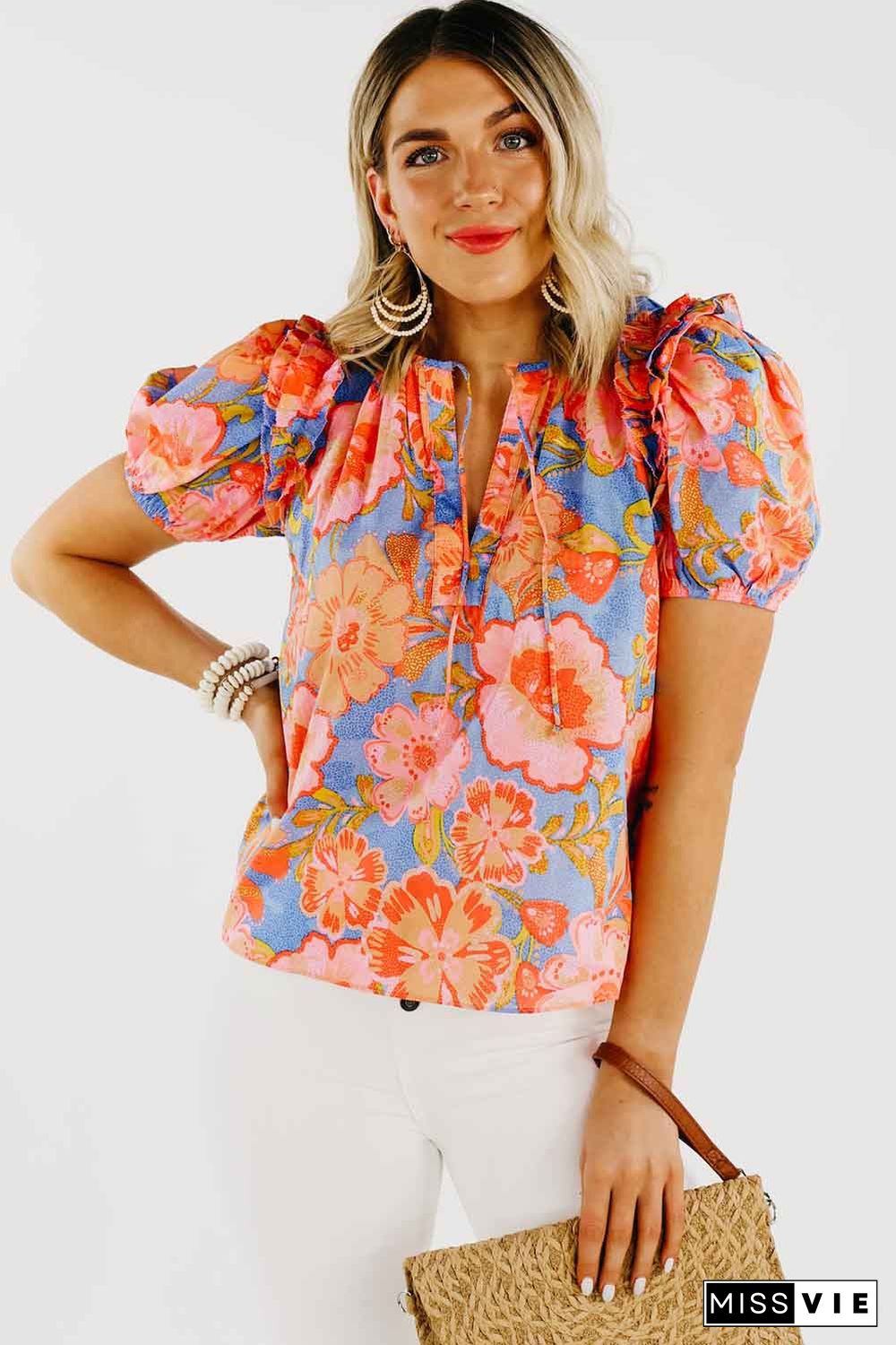 Multicolor Floral Bubble Sleeve V-Neck Plus Size Blouse