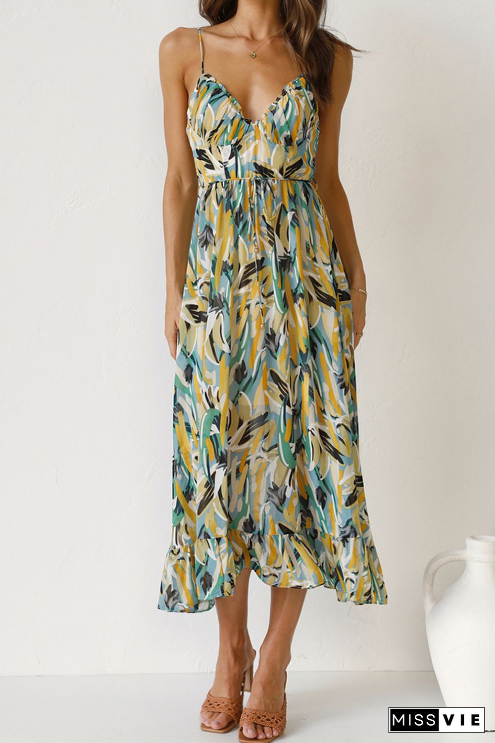 V Neck Halter Print Midi Dress Wholesale