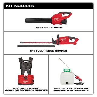 MW M18 FUEL 120 MPH 450 CFM 18-Volt Lithium-Ion Brushless Cordless Handheld BlowerHedge Trimmer and Sprayer Kit 2724-20-2820-20PS-2726-20