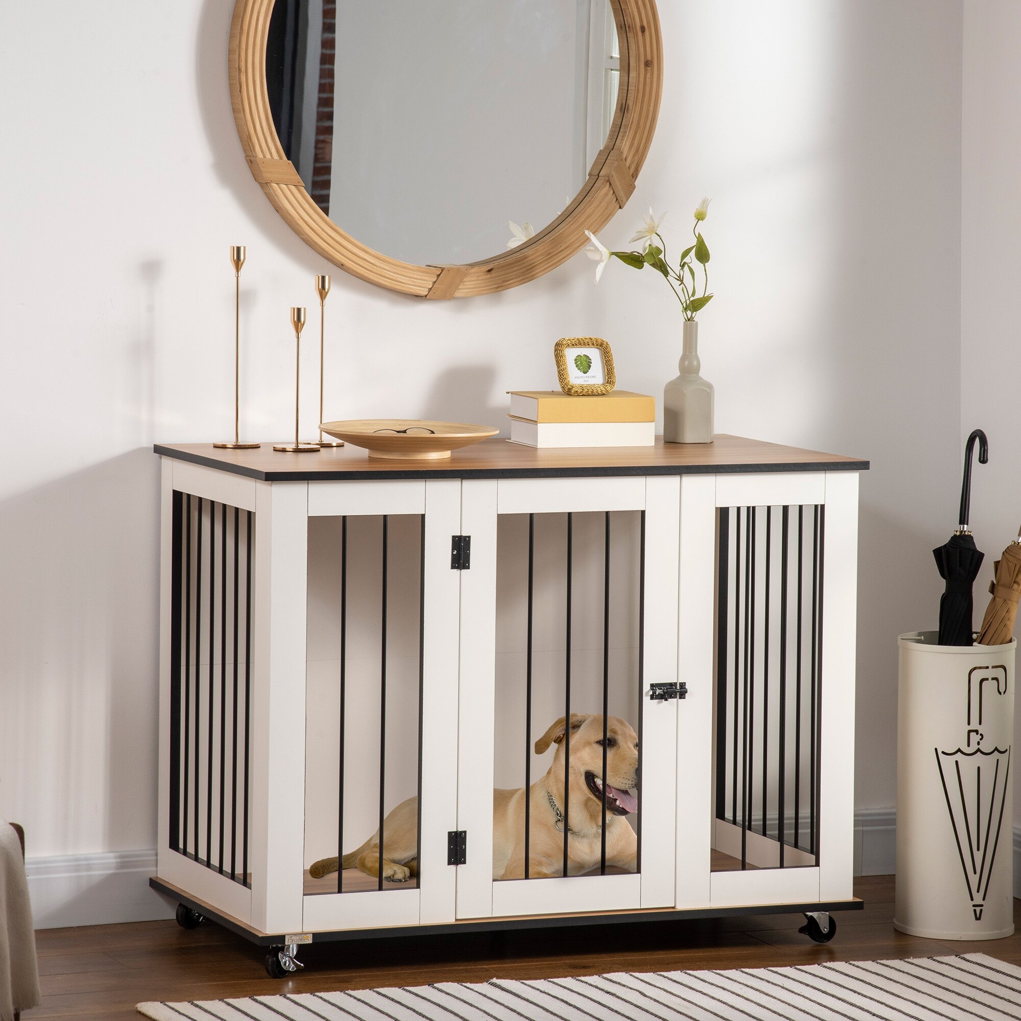 PawHut Modern Dog Crate End Table with Easy to Clean Surface， Large Dog Crate Furniture on Wheels， White