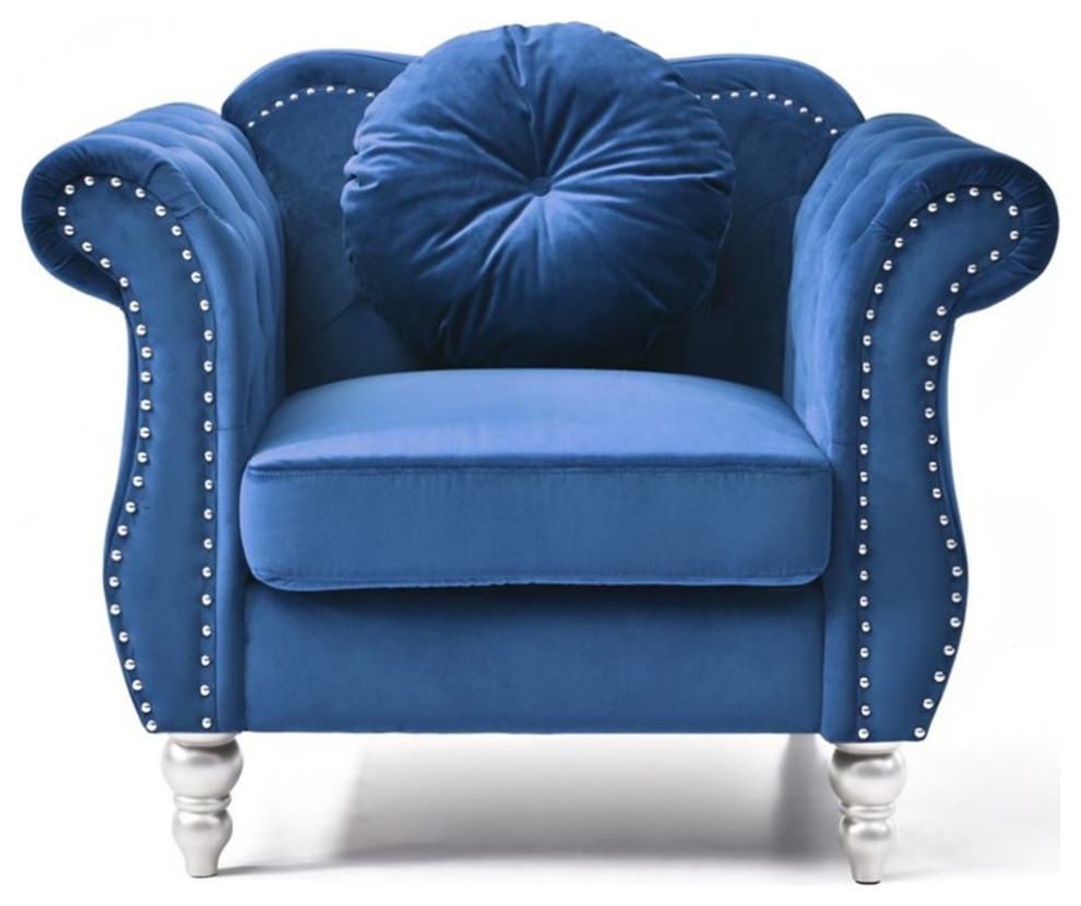 Maklaine Transitional Tufted Velvet Chair in Navy Blue Finish   Eclectic   Armchairs And Accent Chairs   by Homesquare  Houzz