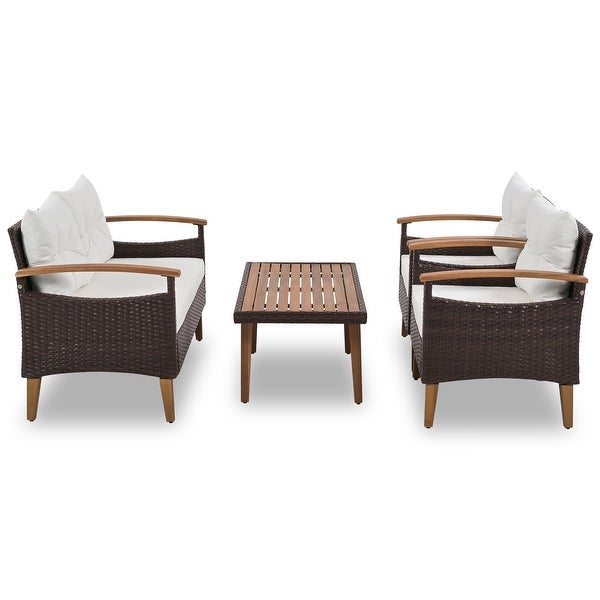 4-Piece Garden Furniture， Patio Conversation Sets， PE Rattan Outdoor Sofa Seating Set with Wood Table and Adjustable Legs Design - Overstock - 37853223