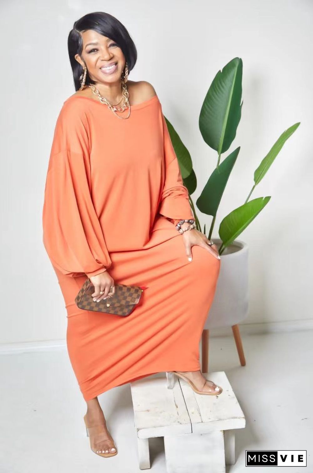 Solid Loose Bat Sleeve Casual Maxi Dresses