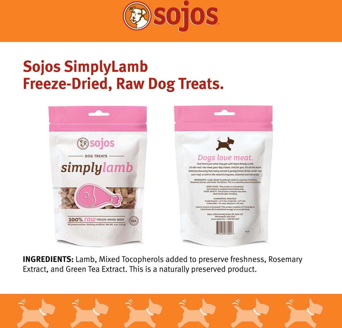 Sojos Simply Lamb Freeze-Dried Dog Treats， 4-oz bag