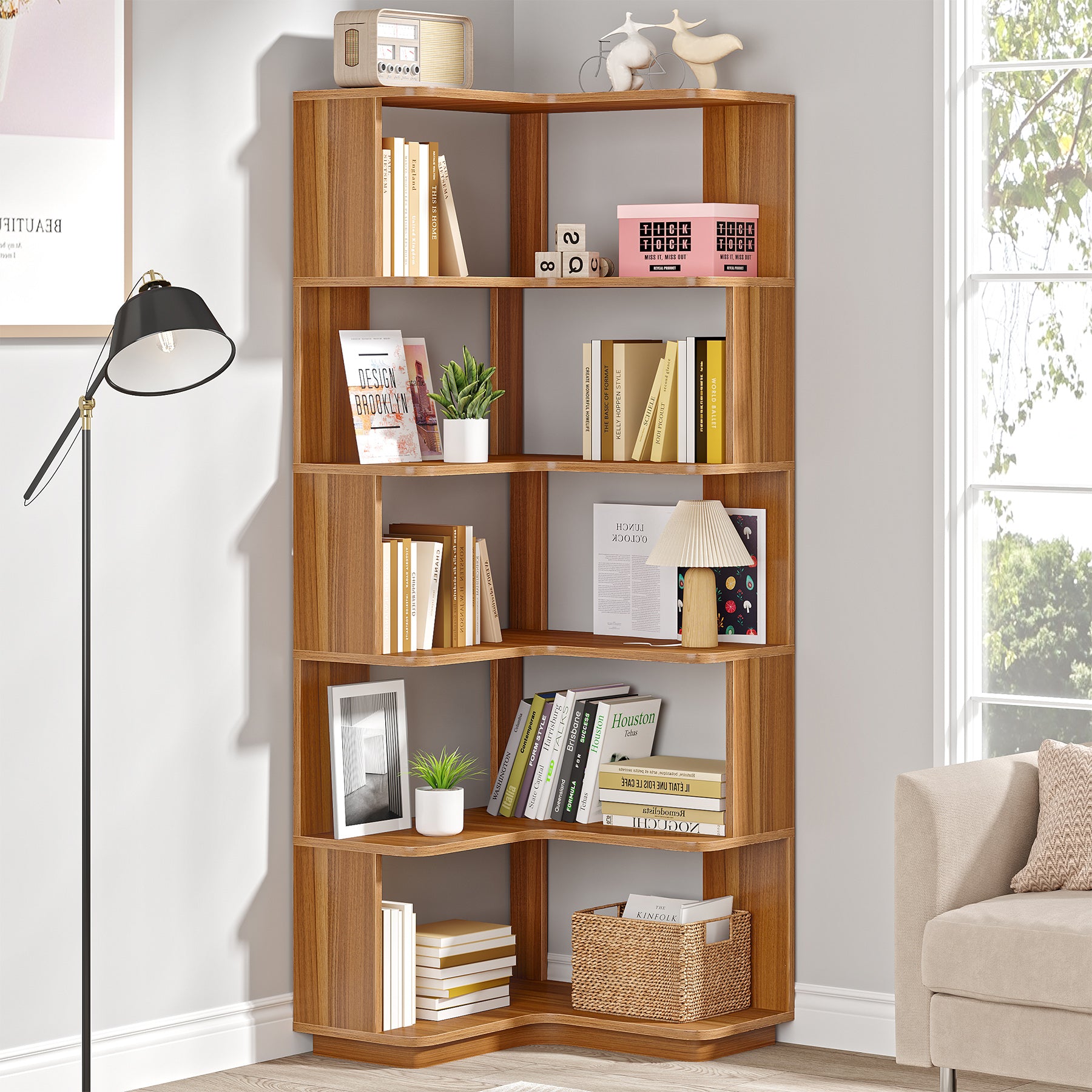 6-Tier Corner Bookshelf, 64.96 Corner Bookcase with Anti-Drop Panel