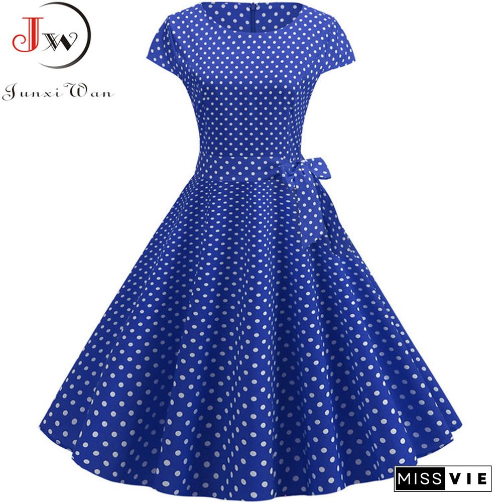 Women Summer Dresses Robe Vintage 1950s 60s Pin Up Big Swing Party Work Wear Rockabilly Dress White Polka Dot Vestidos