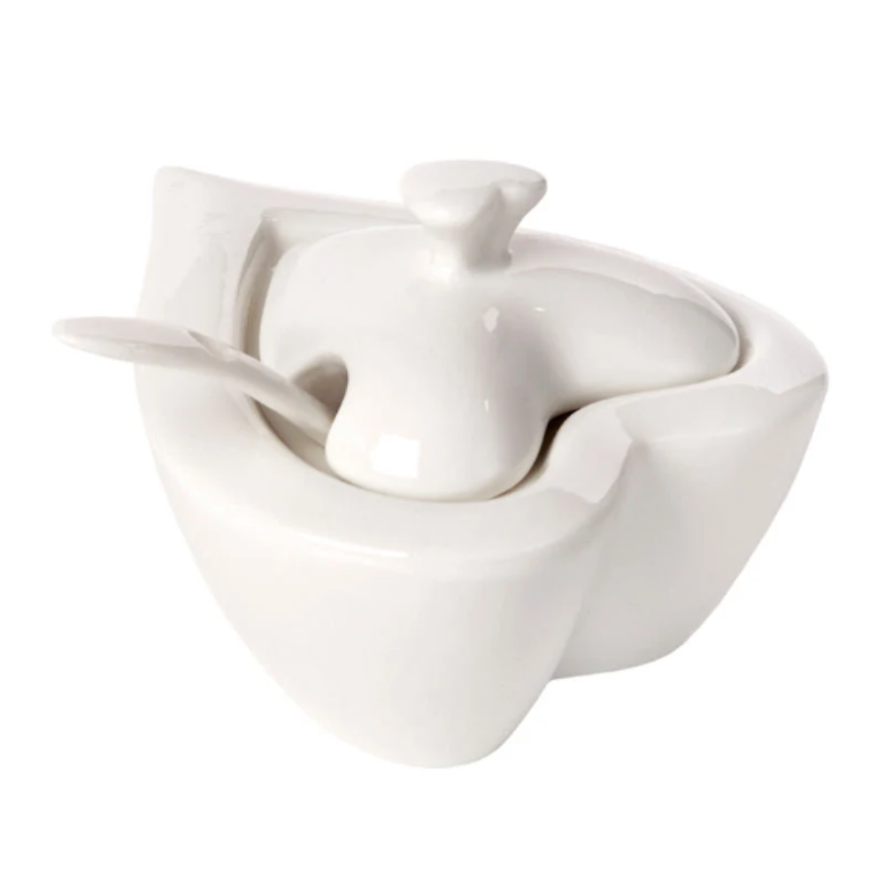 Debora Carlucci White Porcelain Heart Shaped Sugar Holder With Spoon And Lid On Bamboo Base