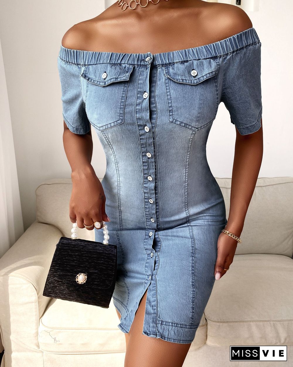 Off Shoulder Buttoned Denim Bodycon Dress